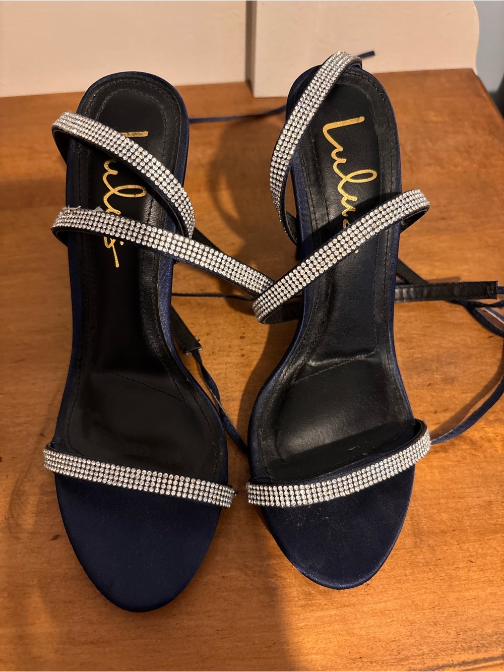 Lulu's Navy Crystal-Strap Lace-Up Heels